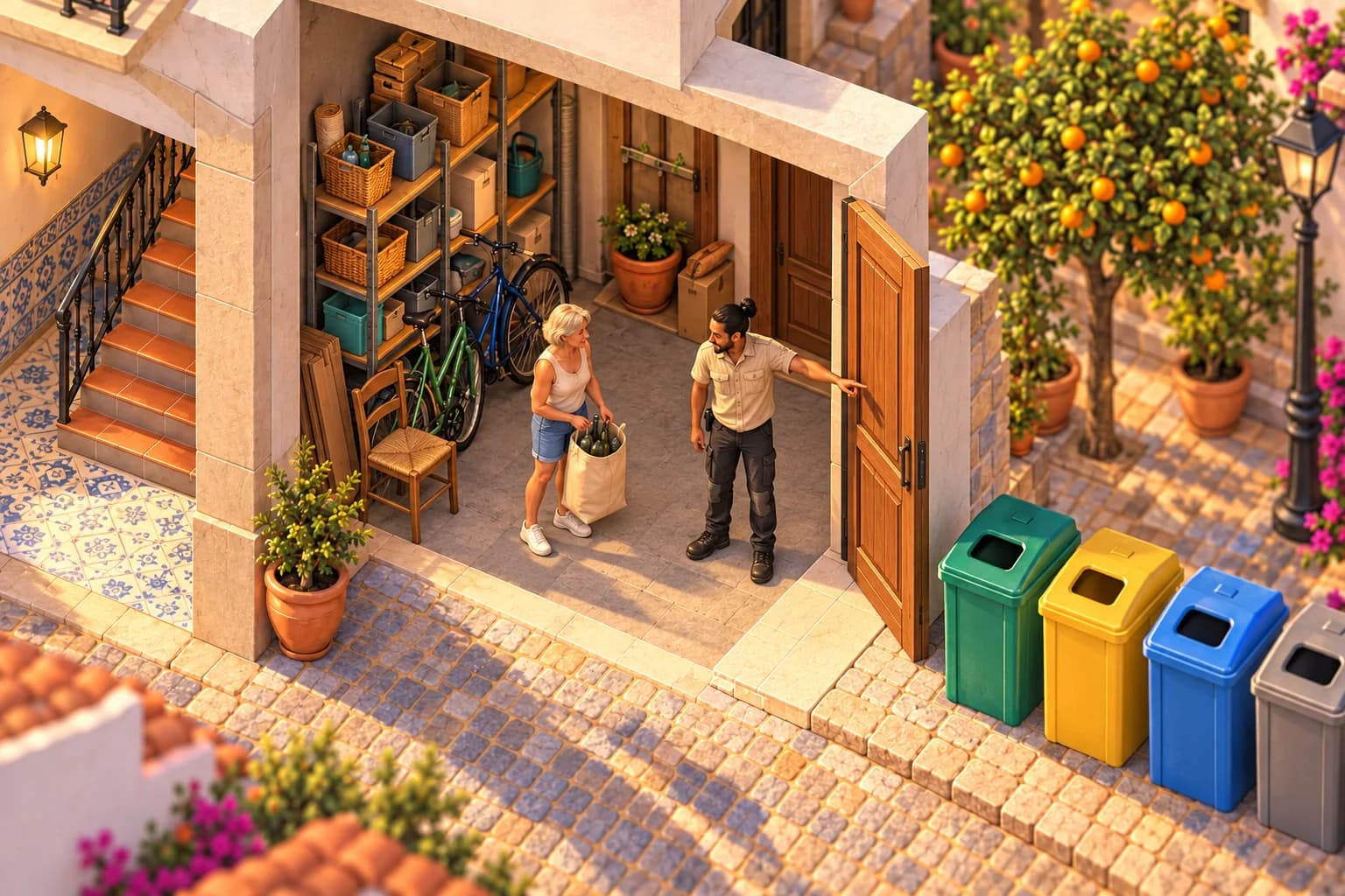 In de berging van het gebouw sta je met een tas vol lege flessen, naast een oude houten stoel. Samuel, de conciërge, wijst door de open deur naar vier containers op de stoep: groen, geel, blauw en grijs.