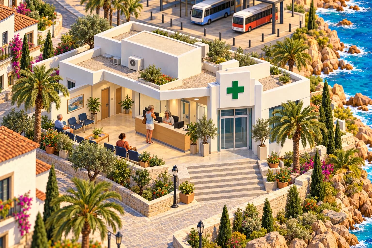 Het gezondheidscentrum van het dorp, met een groen kruis op de gevel. Binnen sta je aan de balie bij Nuria, en in de wachtkamer zitten al een paar mensen.