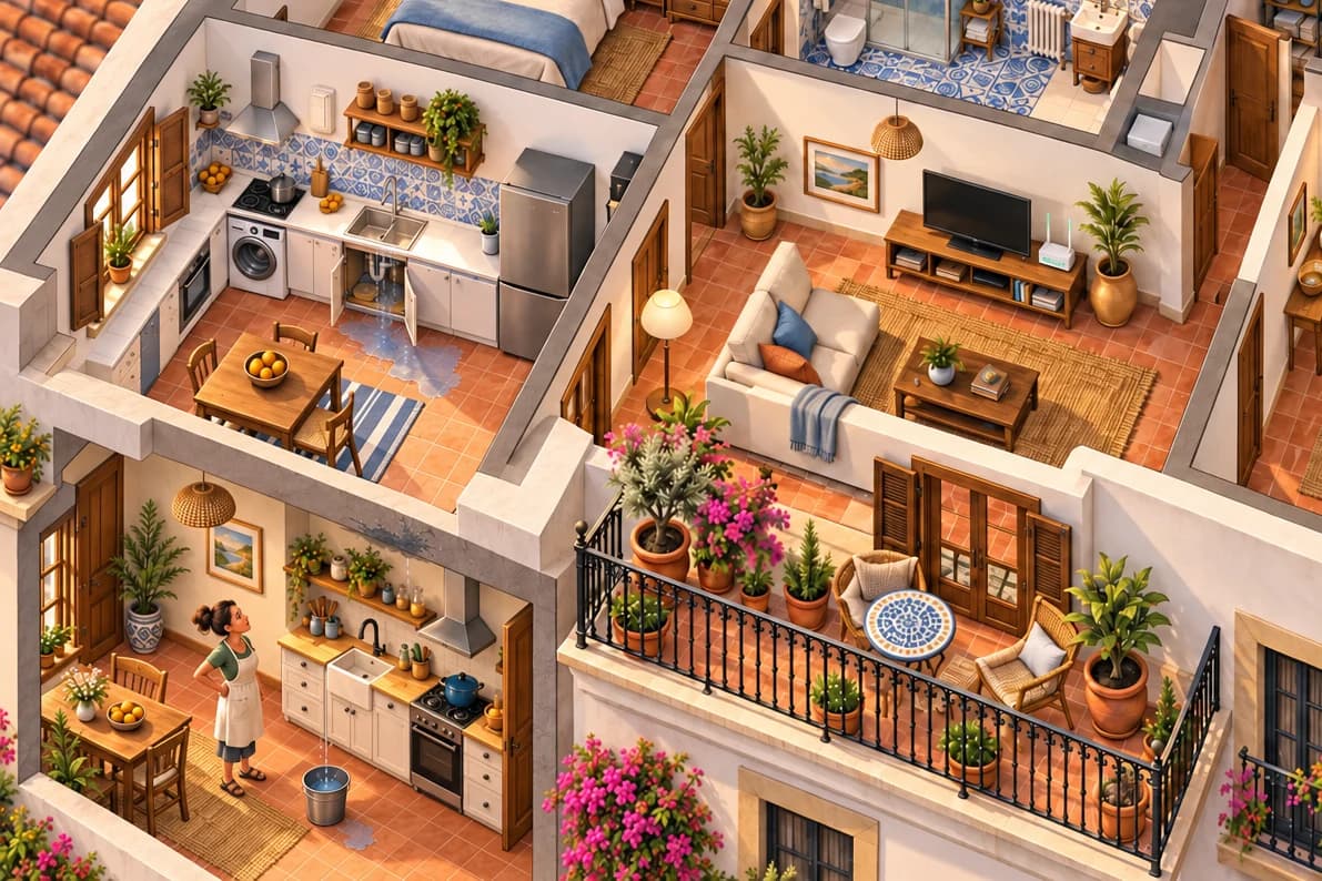 Doorsnede van twee appartementen boven elkaar. Boven staat een plas water voor het open kastje onder de gootsteen; beneden kijkt Carmen naar haar plafond, waar het in een emmer druppelt.