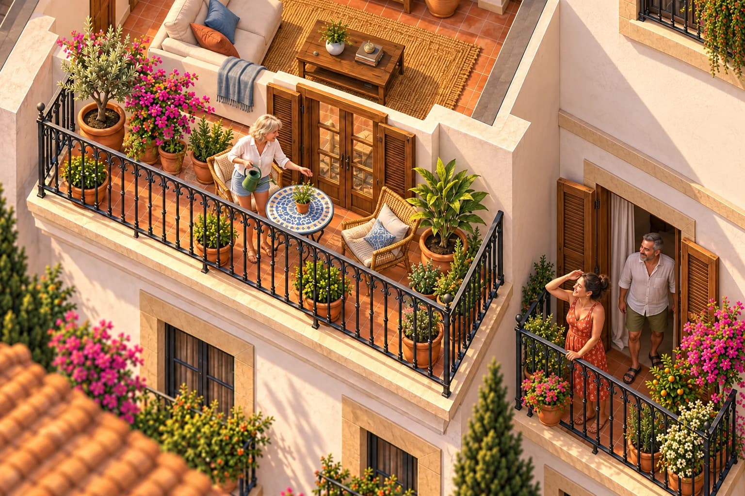 Je staat met een gieter op je balkon vol planten. Schuin onder je, op haar eigen balkon, kijkt Carmen omhoog, en achter haar komt haar man Julián naar buiten.
