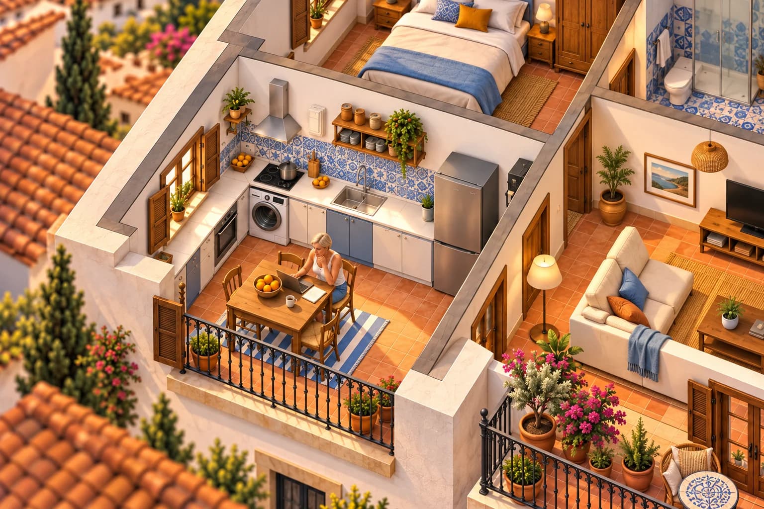 Je zit in je keuken aan tafel achter je laptop, met een kop koffie en een vel papier ernaast. Om de keuken heen de rest van je appartement: de slaapkamer, de badkamer en de woonkamer met het balkon.