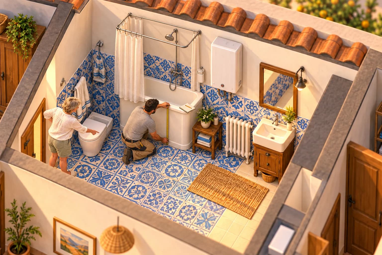 In je badkamer meet Rubén, de aannemer, de oude badkuip op met een rolmaat. Je staat ernaast en wijst aan waar de douche moet komen.